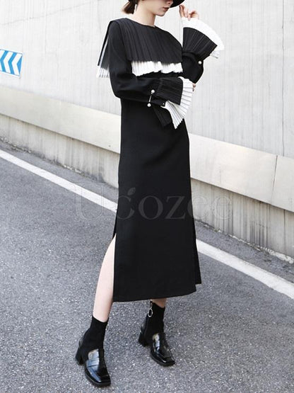 Retro Split-side Ruffled Pleated Long Dress