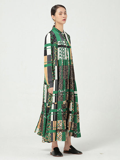 Original Bohemia Pleated Buttoned Stand Collar Long Sleeves Midi Dress