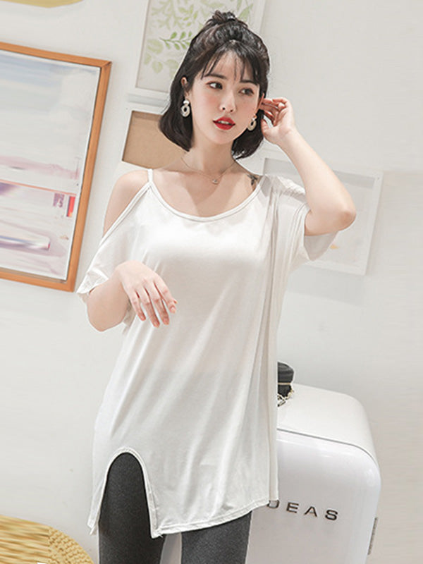 Casual Solid Color Asymmetric Cold Shoulder Spaghetti-Neck T-Shirt