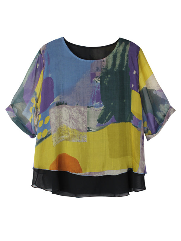 Original Silk Printed Contrast Color T-Shirt Top