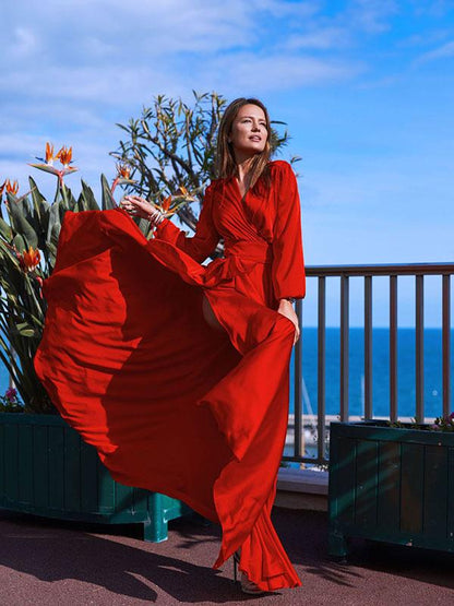 V-neck Long Sleeves Solid Color Belted Maxi Evening Dress