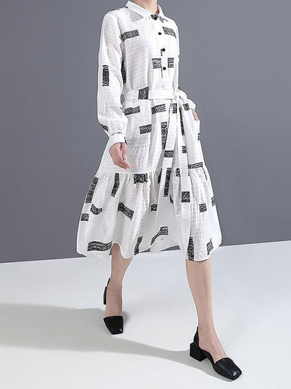 Lapel Collar Long Sleeve Loose Style Printed Belted Dress