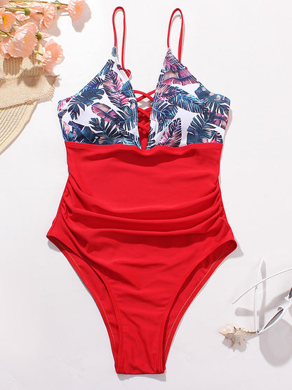 Leaves Print Split-Side One-Piece Swimsuit