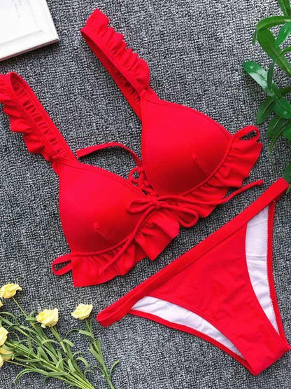 Lace Up Falbala Bikinis Swimwear