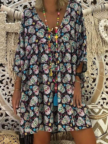 Plus Size V-neck Printed Skull Loose Mini Dress