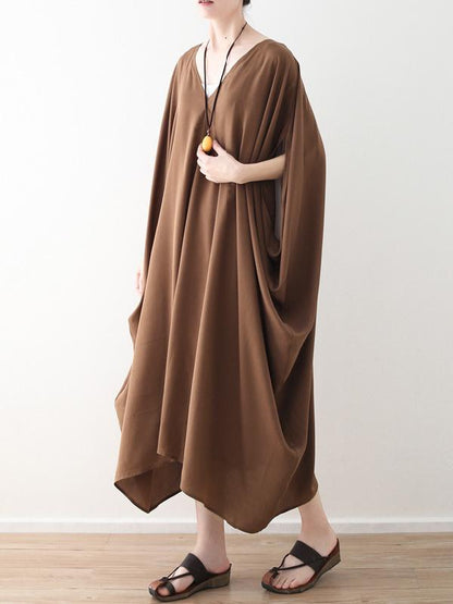 Loose Coffee Batwing Sleeves V-neck Long Dress