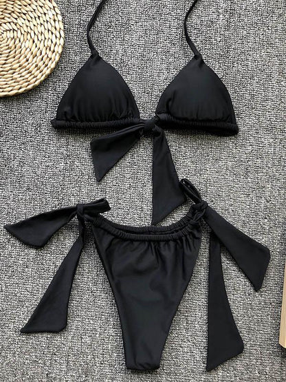 Triangle Top Ruched Plain Bikini Set