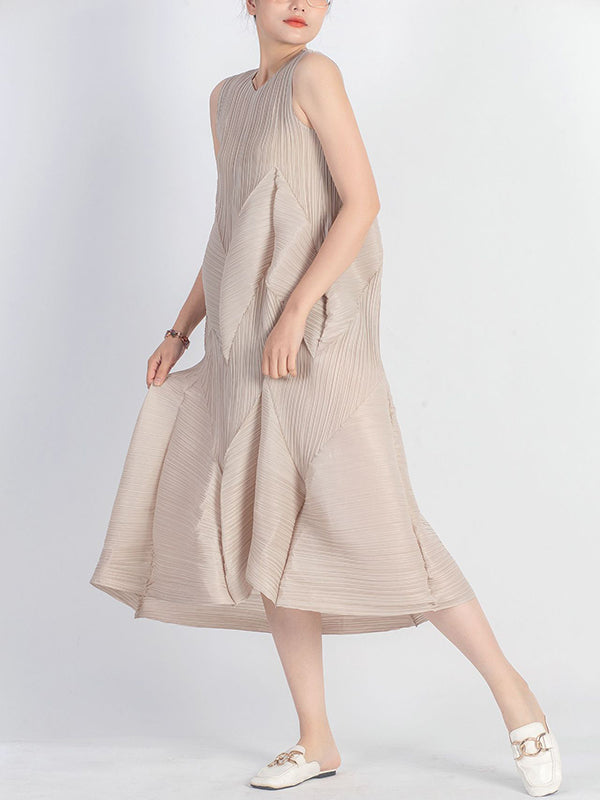 Casual Sleeveless Loose Pleated Solid Color Round-Neck Midi Dresses