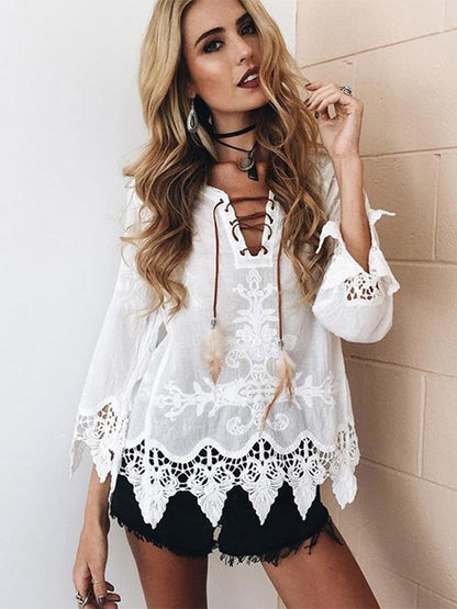 Long Sleeves Bohemia V-neck Floral Blouses&shirts Tops