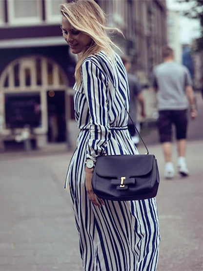 Striped Belted Long Sleeves Maxi Dress