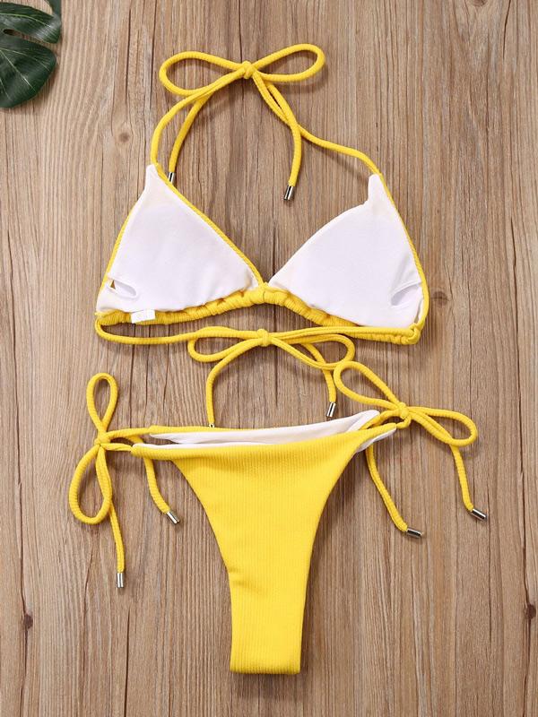 Solid Color Bandage Triangle Split Bikini Swimsuit