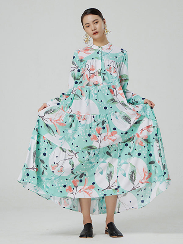 Stylish Buttoned Printed Loose Long Sleeves Midi Dress