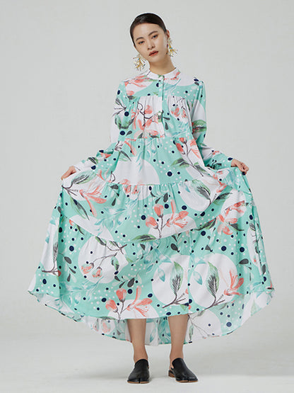 Stylish Buttoned Printed Loose Long Sleeves Midi Dress