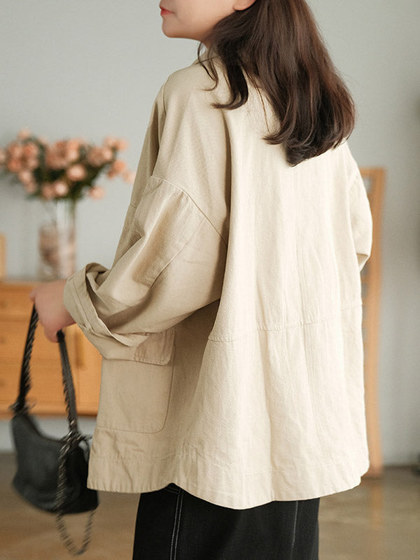 Simple Solid Color Notched Collar Batwing Sleeve Outerwear