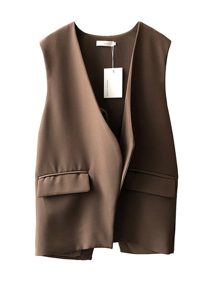 Urban Solid Color Split-Joint With Pocket Split-Back V-Neck Sleeveless Vest Outwear