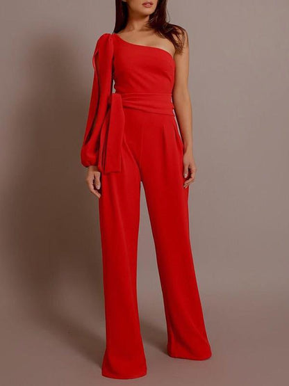 Solid Asymmetric Wide Leg Jumpsuits