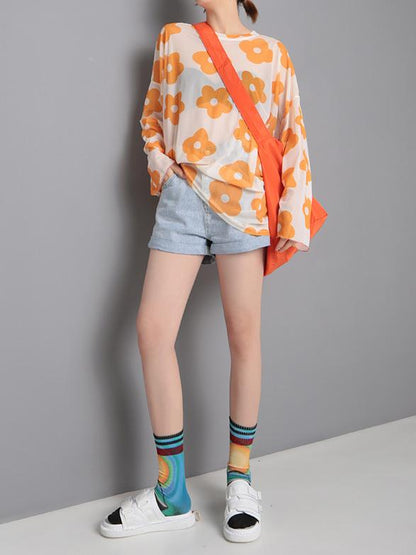 Loose Flower Printed Sunscreen T-shirt