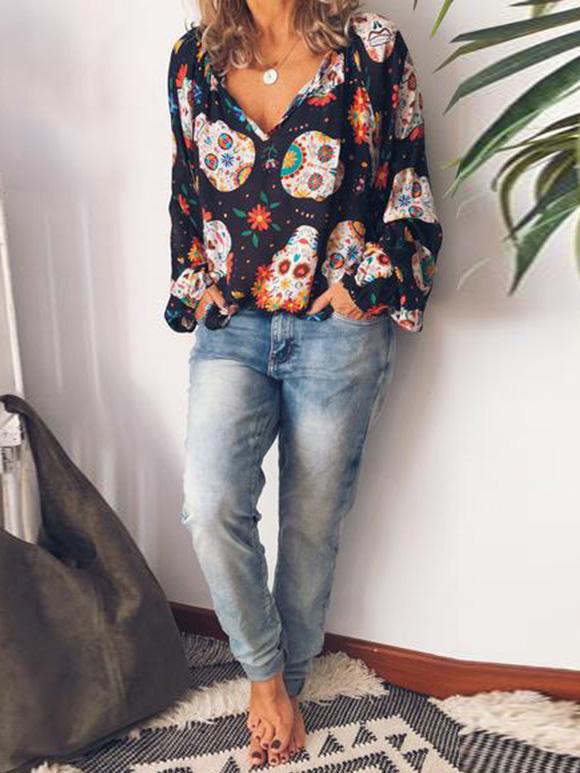 Long-sleeved Casual Printed Blouse