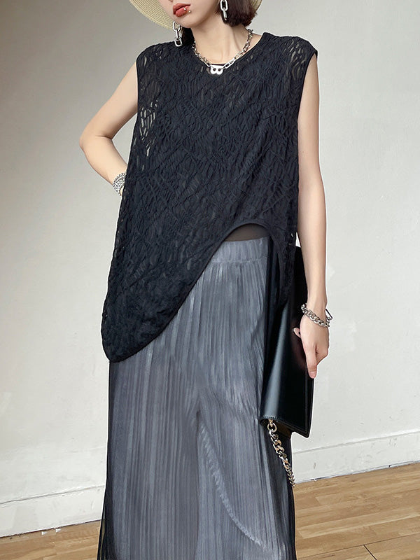 Stylish Asymmetric Hollow Split-Joint See-Through Round-Neck Vest