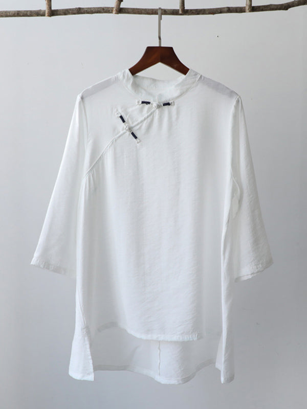 Vintage Tencel Buttoned Stand Collar High-Low Half Sleeves T-Shirt