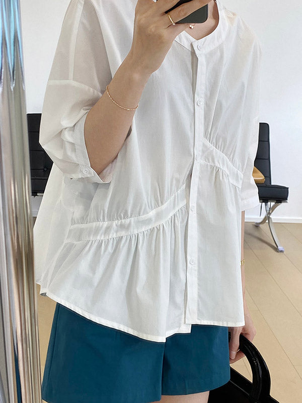 Stylish White&Blue Asymmetric High-Low Half Sleeves Blouses