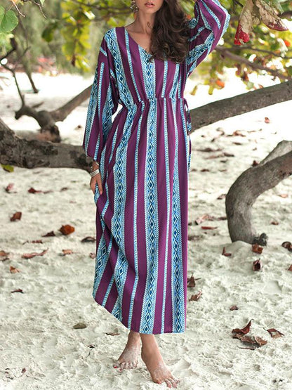 Striped Printed V-neck Belted Maxi Dress