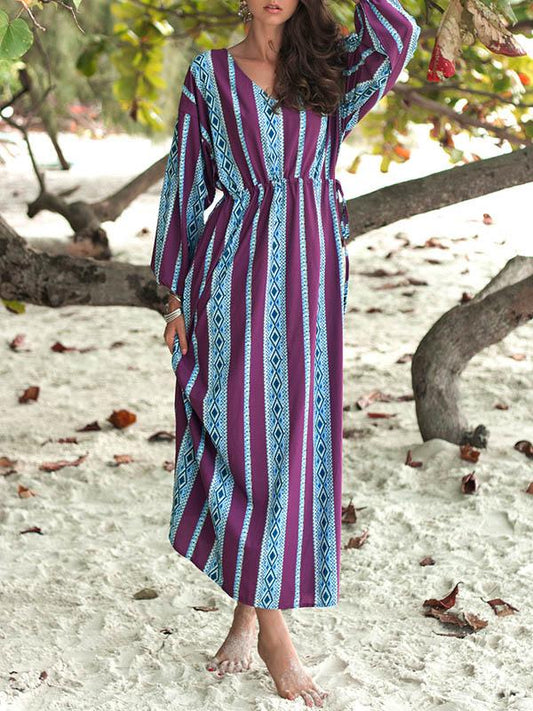 Striped Printed V-neck Belted Maxi Dress
