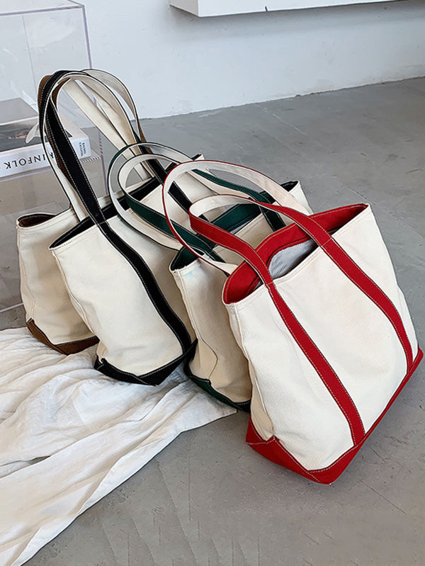 Simple Split-Joint Canvas Shoulder Bag Tote Bag