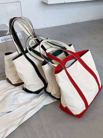 Simple Split-Joint Canvas Shoulder Bag Tote Bag