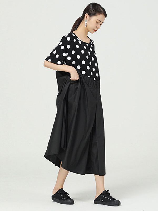 Original Split-Joint Polka-Dot Contrast Color Round-Neck Short Sleeves Midi Dress