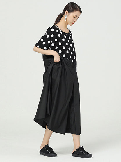Original Split-Joint Polka-Dot Contrast Color Round-Neck Short Sleeves Midi Dress
