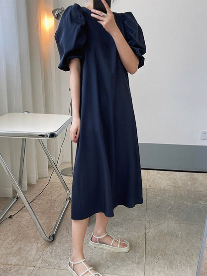 Girlish A-Line Puff Sleeves Round-Neck Midi Dress