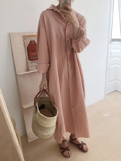 Simple Loose Casual Solid Color Buttoned Split-Side Lapel Collar Long Sleeves Midi Shirt Dress