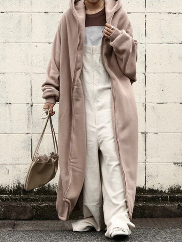 Urban Hooded Solid Color Zipper Batwing Sleeve Long Outerwear
