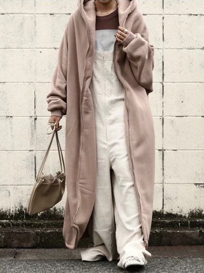 Urban Hooded Solid Color Zipper Batwing Sleeve Long Outerwear