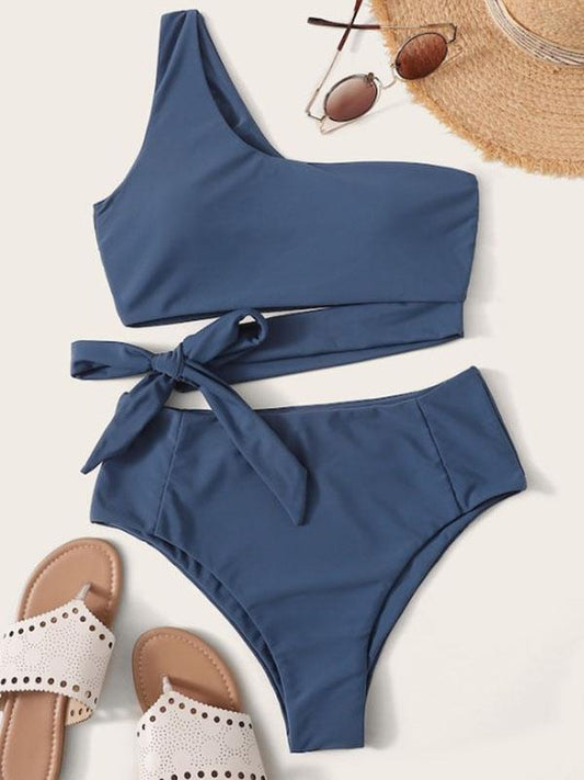 Solid Color Asymmetric Split Bikini Swimsuit