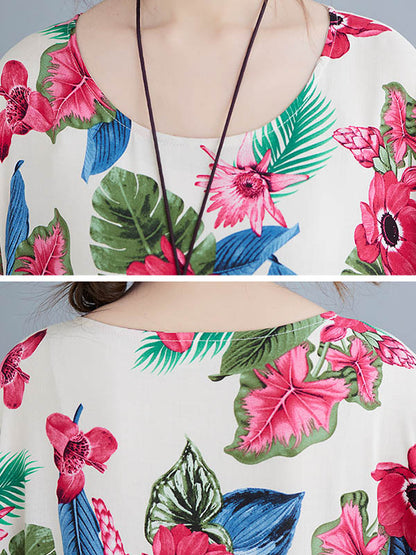 Artistic Retro Loose Floral Printed Pleated Round-Neck Half Sleeves Midi Dress