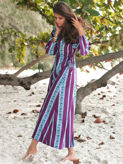 Striped Printed V-neck Belted Maxi Dress