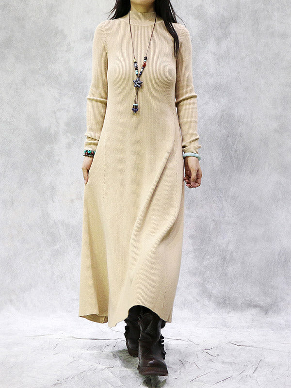 Artistic Retro Solid Color Split-Joint High-Neck Long Sleeves Knitted Sweater Dress