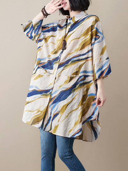 Artistic Retro Contrast Color Printed Split-Joint Blouse