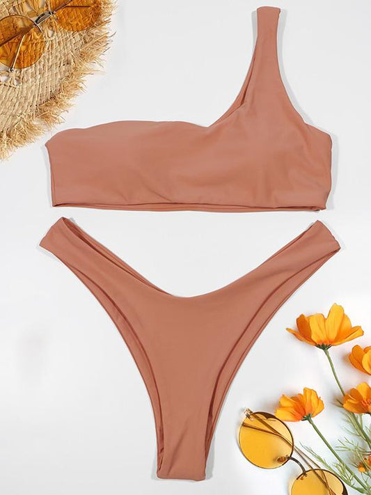 Single Shoulder Plain Bikinis Swimwear