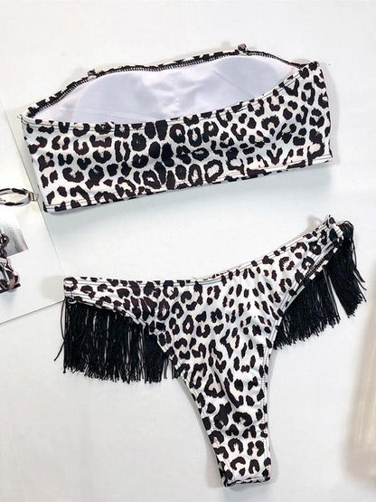 Strapless Tassels Leopard Print Bikini Swimsuit