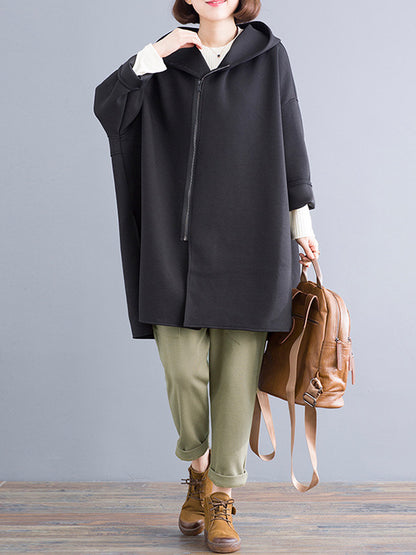 Casual Loose Solid Color Zipper Hooded Batwing Sleeves Outwear