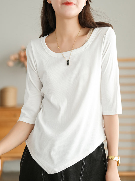 Simple Asymmetric Irregular Clipping Round-Neck Short Sleeves T-Shirt