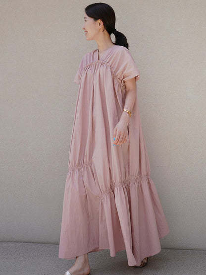 Casual Solid Color Falbala Pleated V-Neck Short Sleeves Maxi Dress