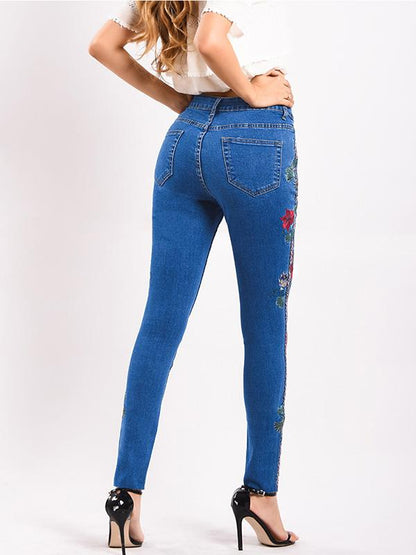 Embroidered Elastic Jeans Pants Bottoms
