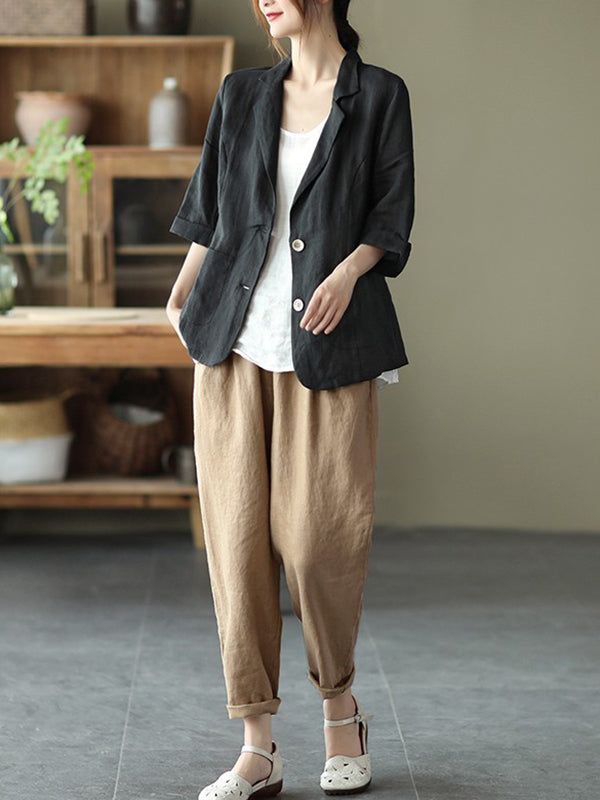 Urban Simple Solid Color Notched Collar Half Sleeves Blazer
