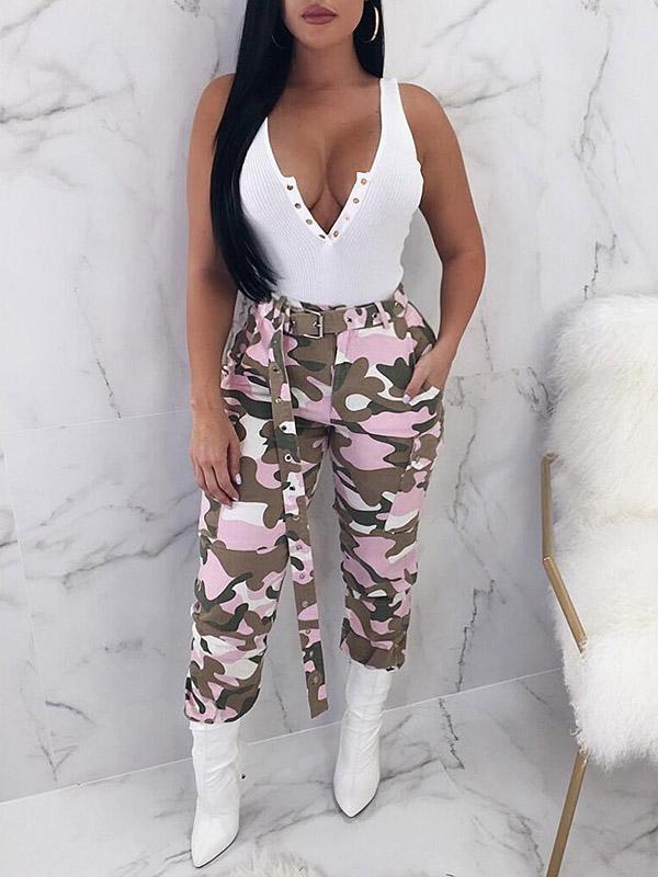 Plus Size Pink Camouflage Printed Track Pants