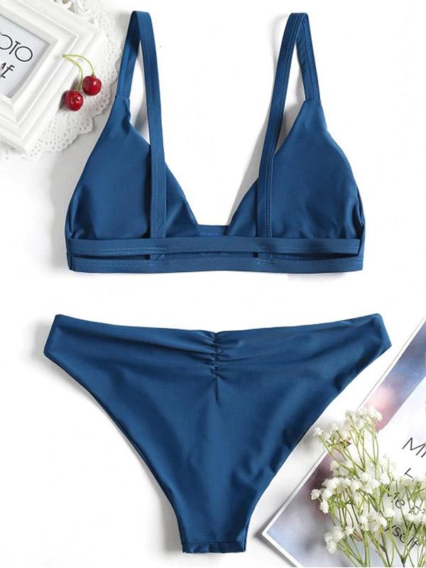 Solid Color Triangles Split Bikini Swimsuit