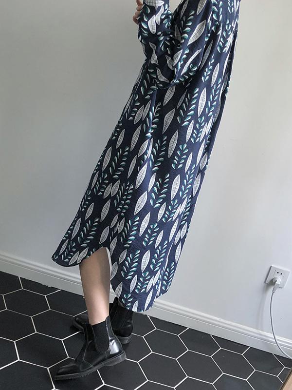 V-neck Leaf Pattern Loose Printed Midi Dresses